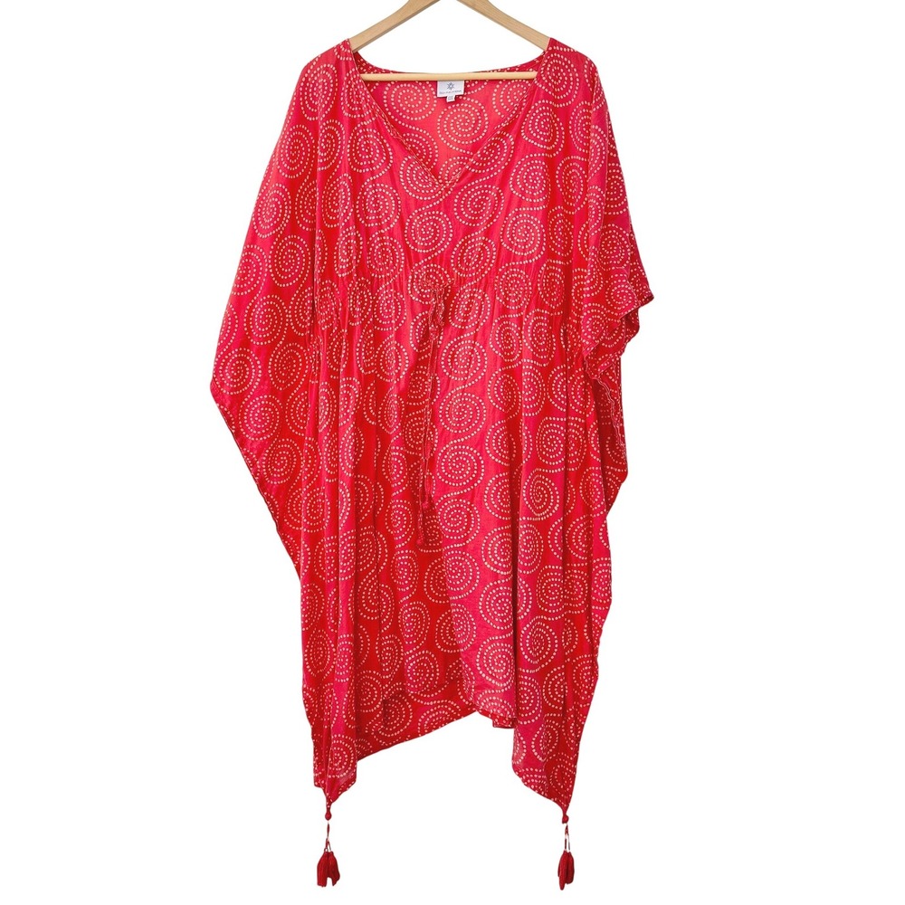 Pax Philomena Red Spiral Print Cotton Kaftan Dress Tassel One Size